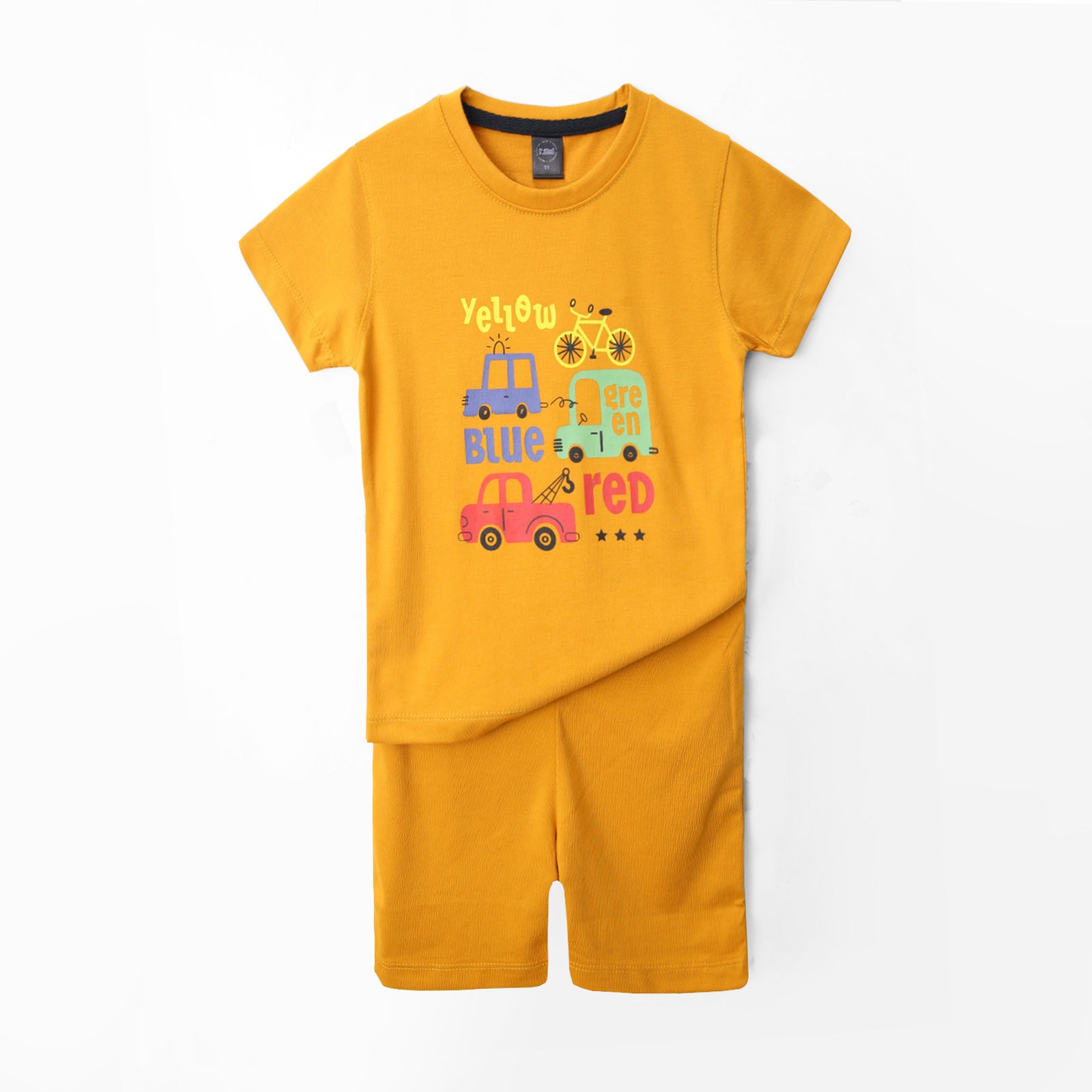 Mustard car print tee shirt and shorts for infants