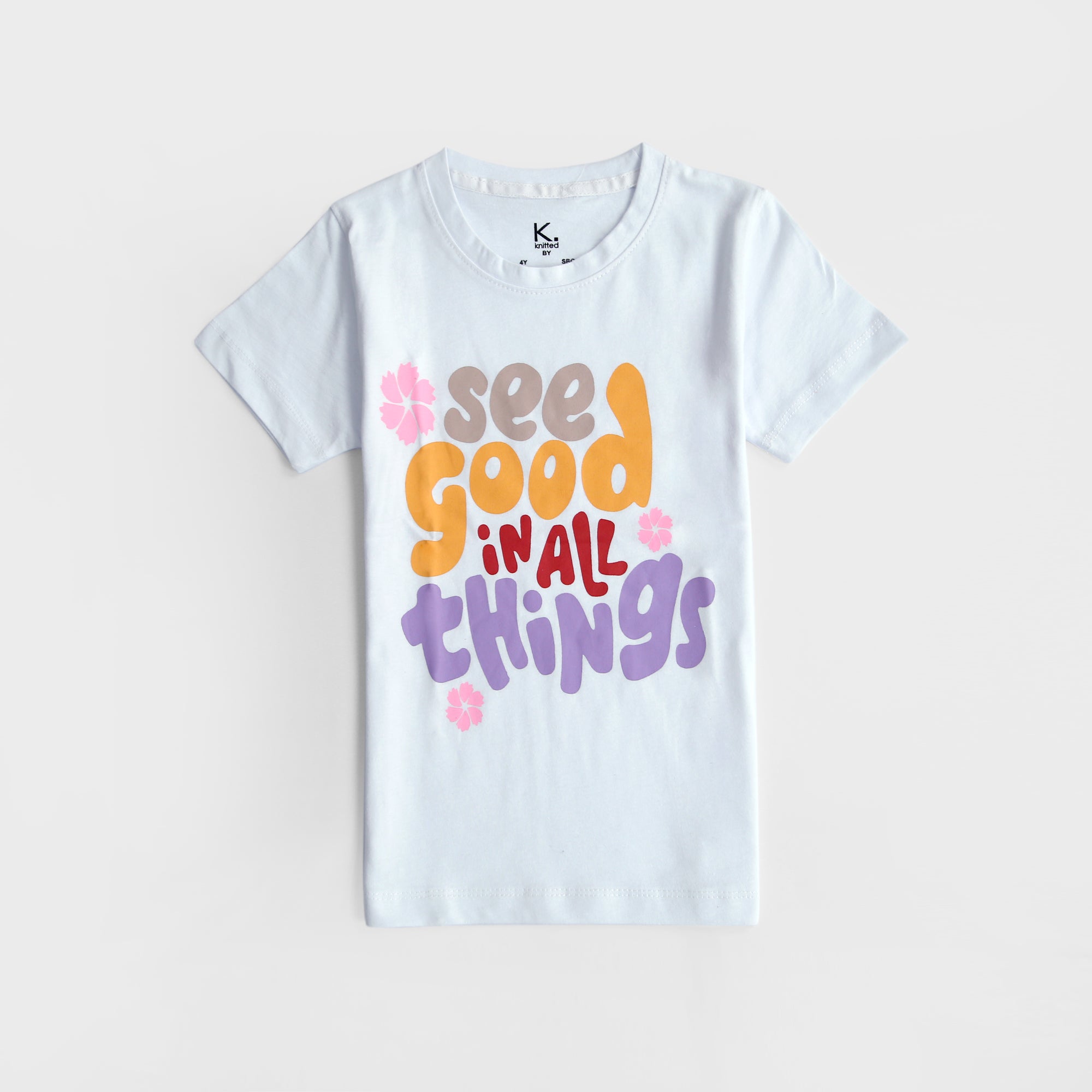 White Cotton Graphic Tee For Kids | Knitted